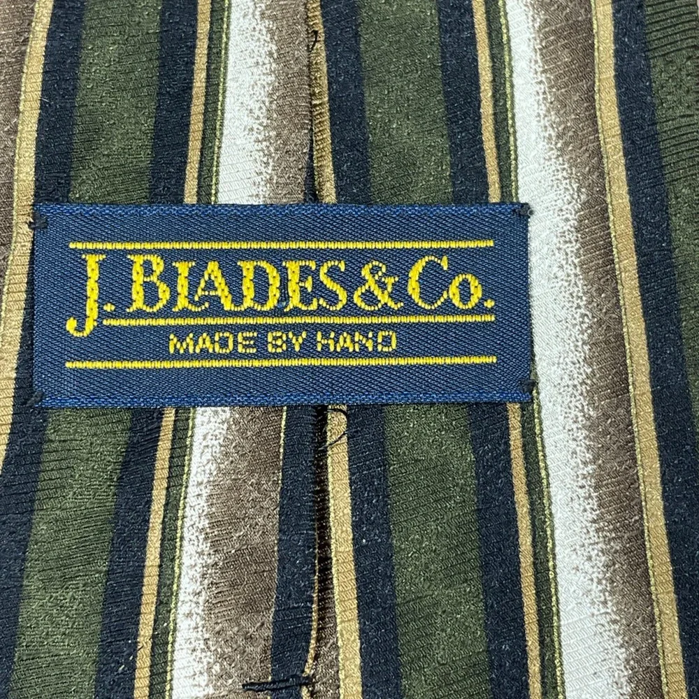J Biades & Co Mens Necktie Green Black Striped Geometric Silk Hand Made USA